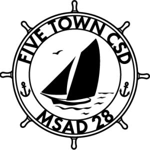 Five Town CSD and MSAD 28 Logo image. A ship's wheel with a two sailed sail boat on water, with the district names and two anchors around it.