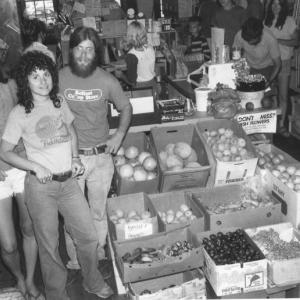 black and white picture of people, produce