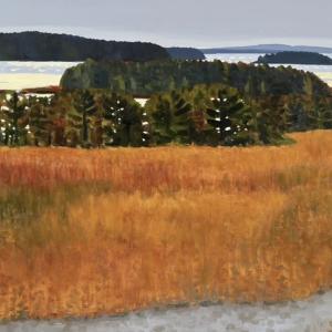 painting of field overlooking trees, harbor in dark color
