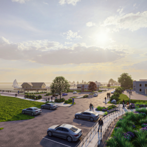 Pier on left. One Park Drive on right