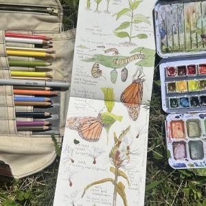 open page of journal, art supplies