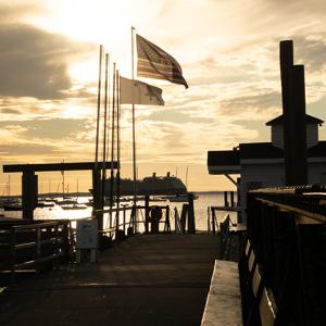 public landing with cruise ship in background