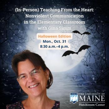 Image of white femme with glasses smiling in foreground with background of full moon and bats, text: In-Person Teaching From the Heart: Nonviolent Communication in the Classroom with Gina Simm, Mon., Oct. 31, 8:30 a.m.-4 p.m.
